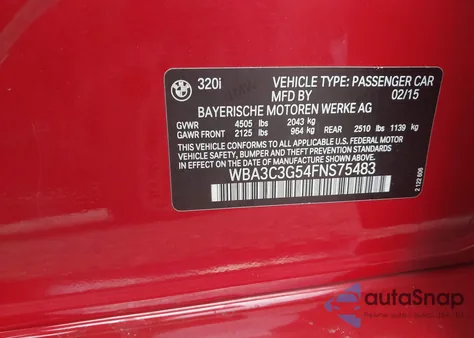 2015 BMW 320I xDrive из США, поврежденный, VIN WBA3C3G54FNS75483